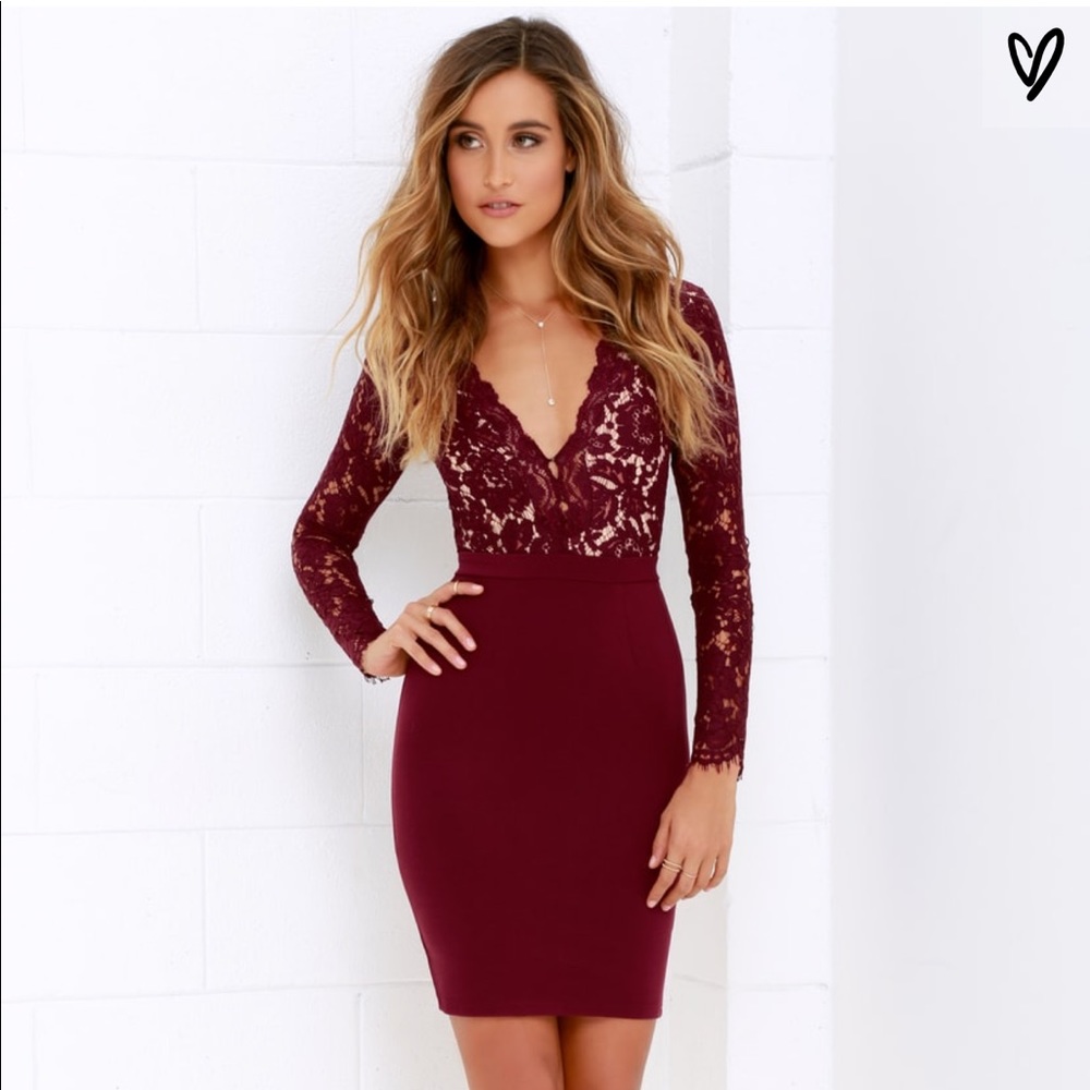 Swoon-er or Later Burgundy Long Sleeve Lace Dress